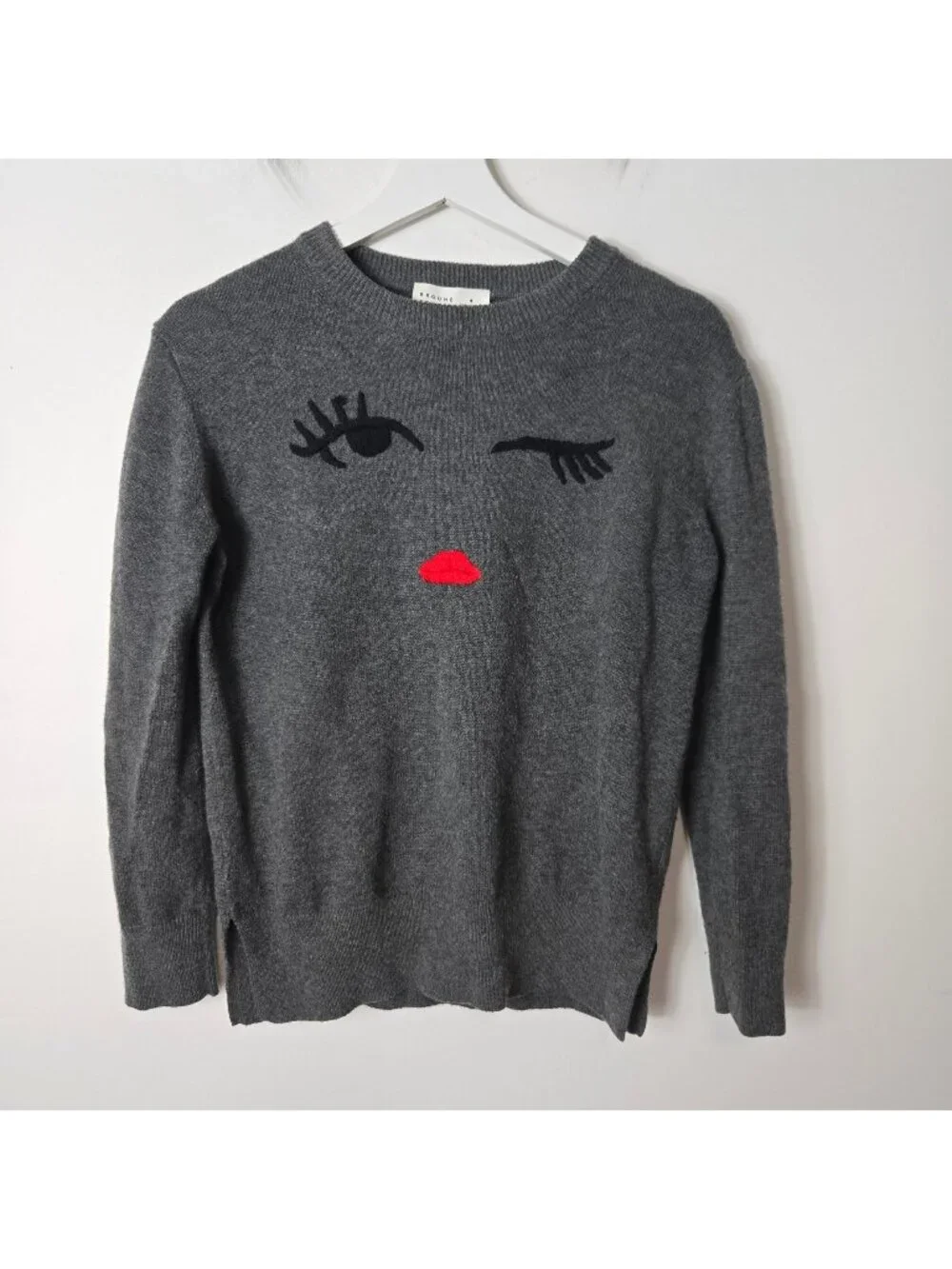 Kate Spade Broome Street Size M Gray Winking Face Wool Blend Crew Neck Sweater
